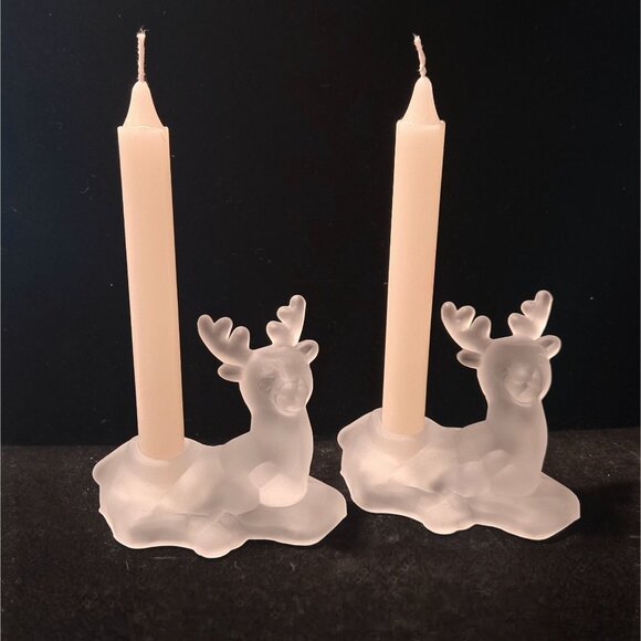 Pair Of vintage Frosted Glass Reindeer Candle Holders - Picture 1 of 10